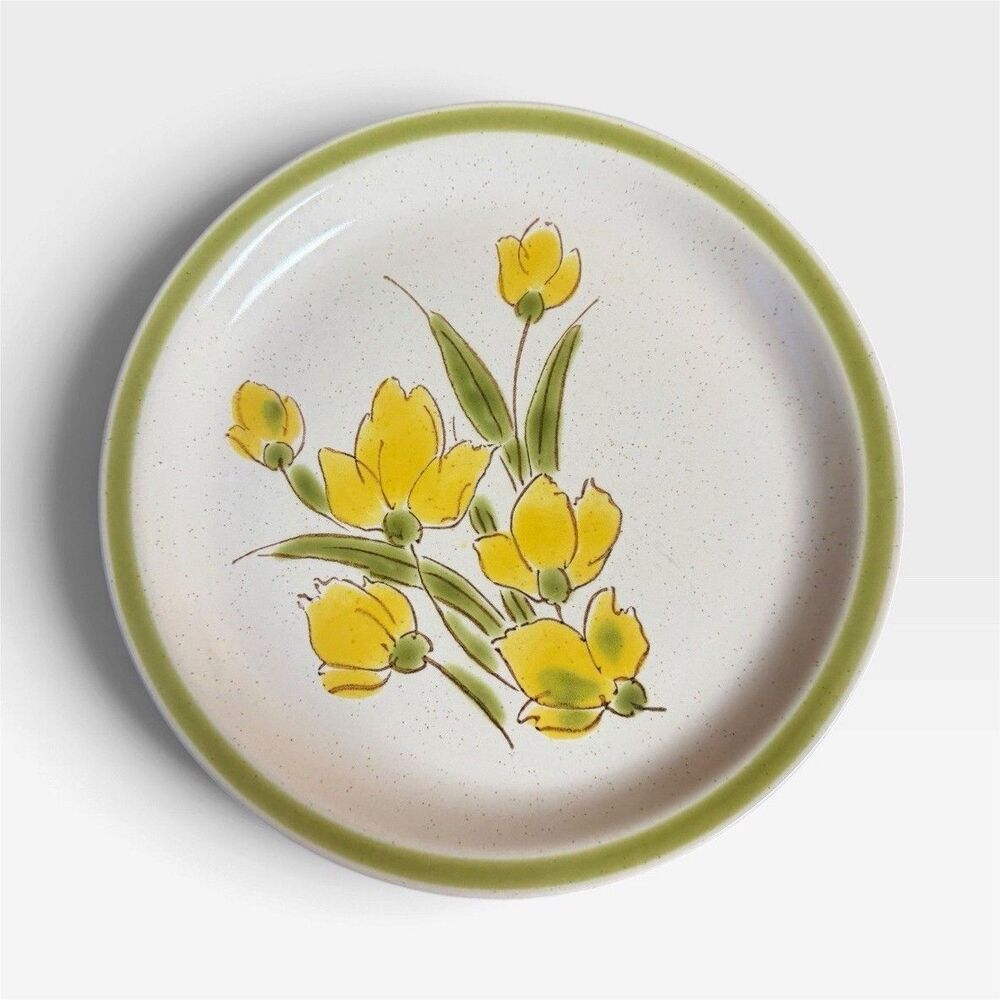 Stonybrook Stoneware by Japan Dinner Plate 10 5/8" Yellow Flowers Green Rim